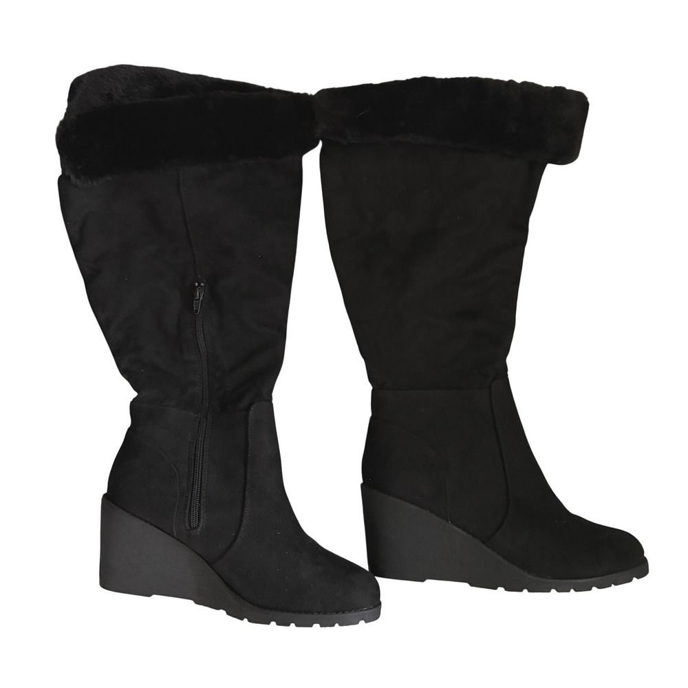 Lane Bryant Wedge Boots Womens 10W Black New Faux Fur Tall Suede Fabric m13172